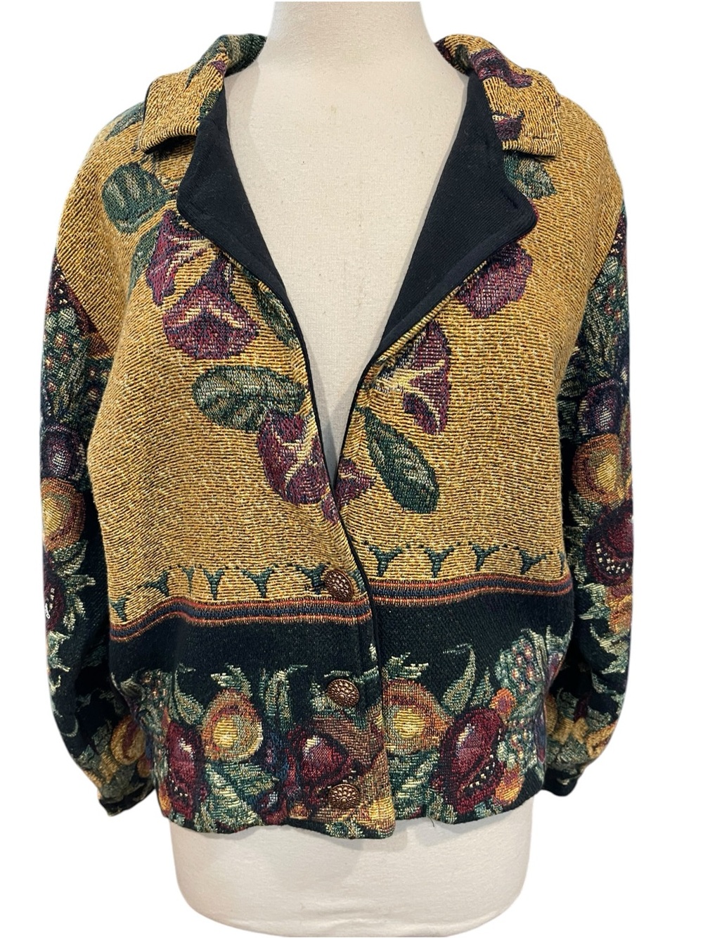 Vintage Sugar Street Weavers Tapestry Fall Fruit Jacket SZ M Black Yellow